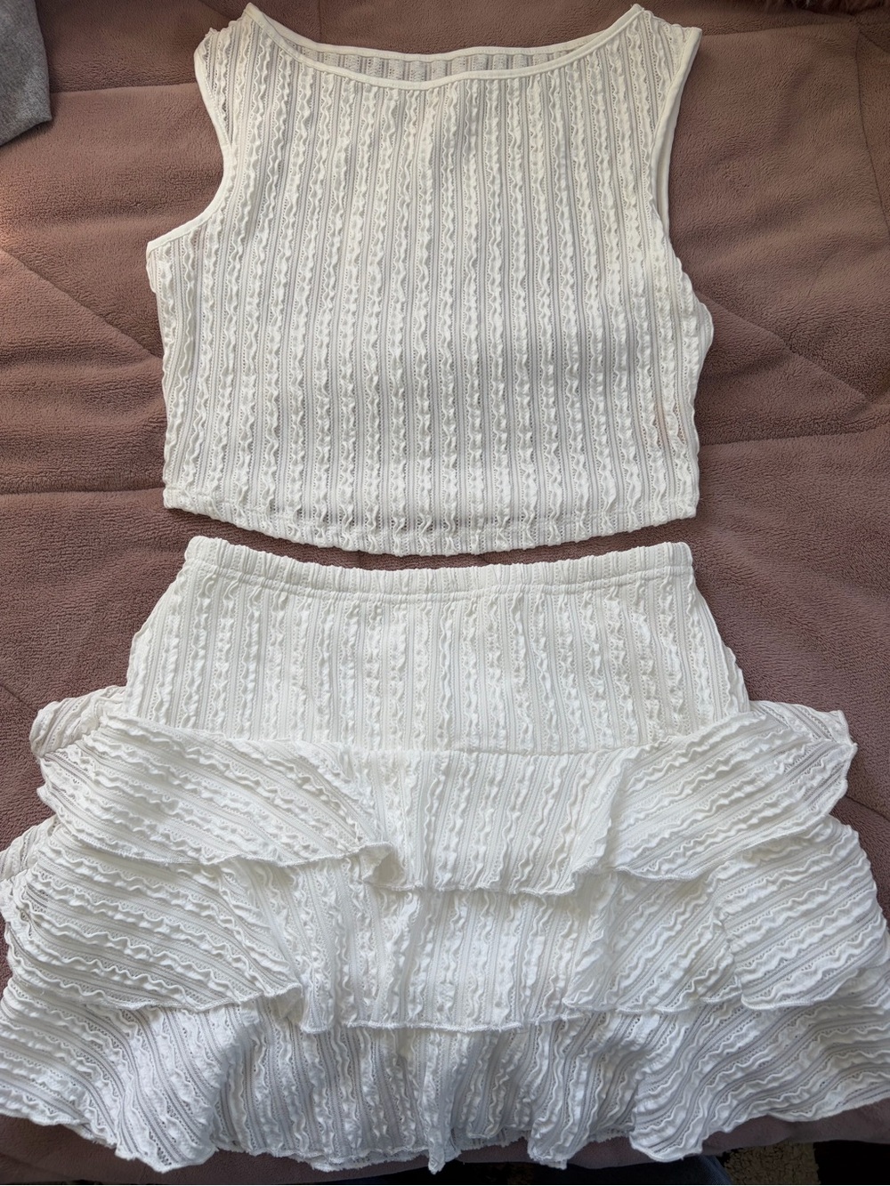 Forever 21 White Ruffle Two-Piece Crop Tank & Mini Skirt Set